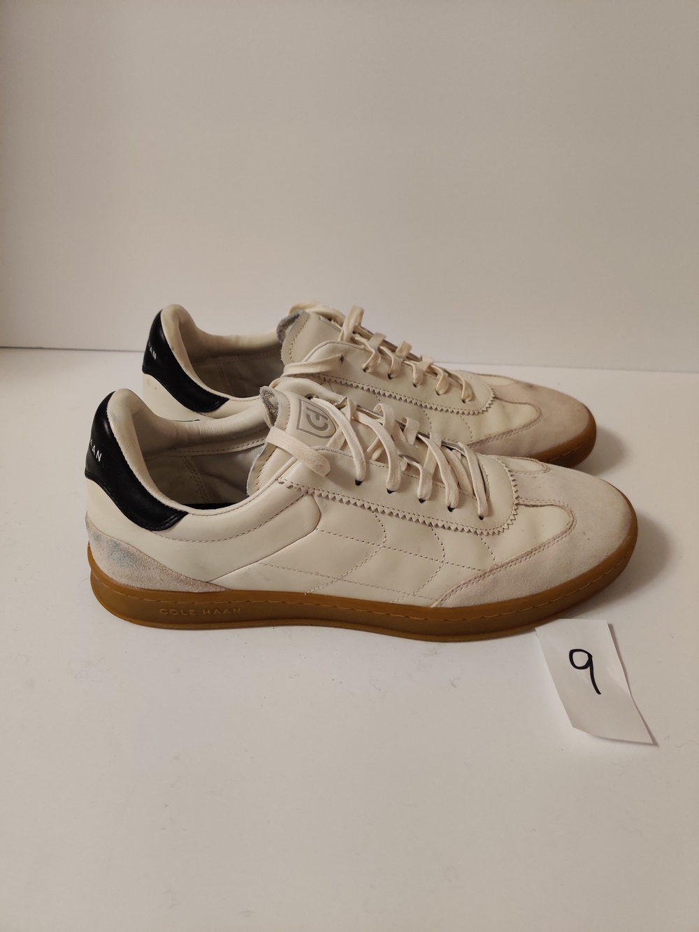 Cole Haan Men's Cream Leather Sneakers with Black Heel Accent 10